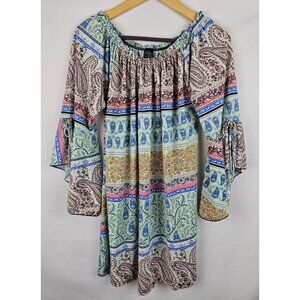 Win Win Womens Tunic Top Size L - XL Paisley Tie 3/4 Flare Sleeve Shirt Blouse